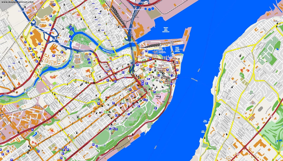 Kaart van Quebec City en die omliggende gebied